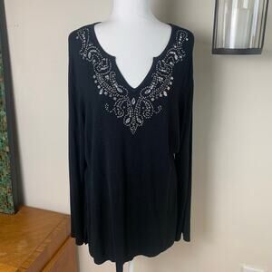 NY Collection Embellished Black Tunic Sweater Size 2X Rhinestone Beaded V-Neck